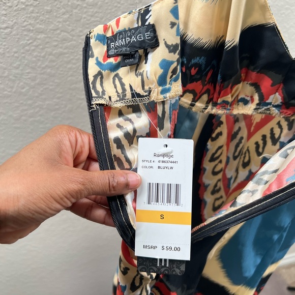 Aztec Floral Print Dress Summer Blue Spaghetti Strap Satin Silk Midi Tribal Gown - Picture 17 of 17